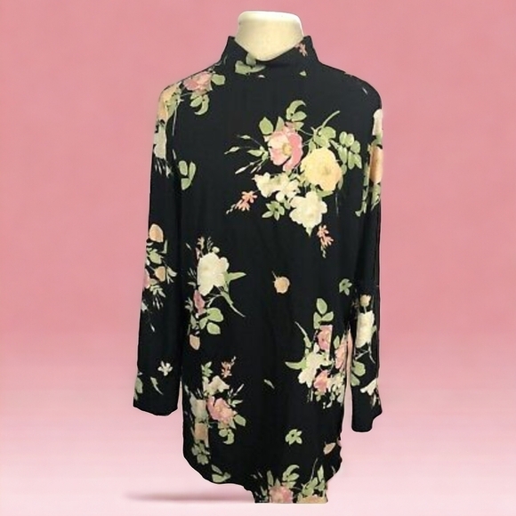 Leith Whimsigoth black floral long sleeve plunging keyhole back short dress sz S - Picture 6 of 7